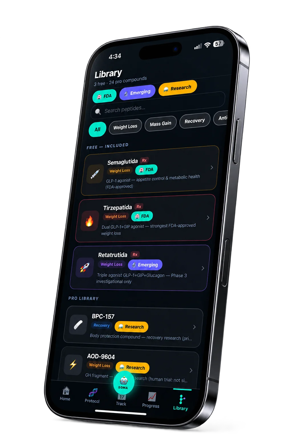 GlowPeptide Library app screen inside a transparent 3D iPhone mockup