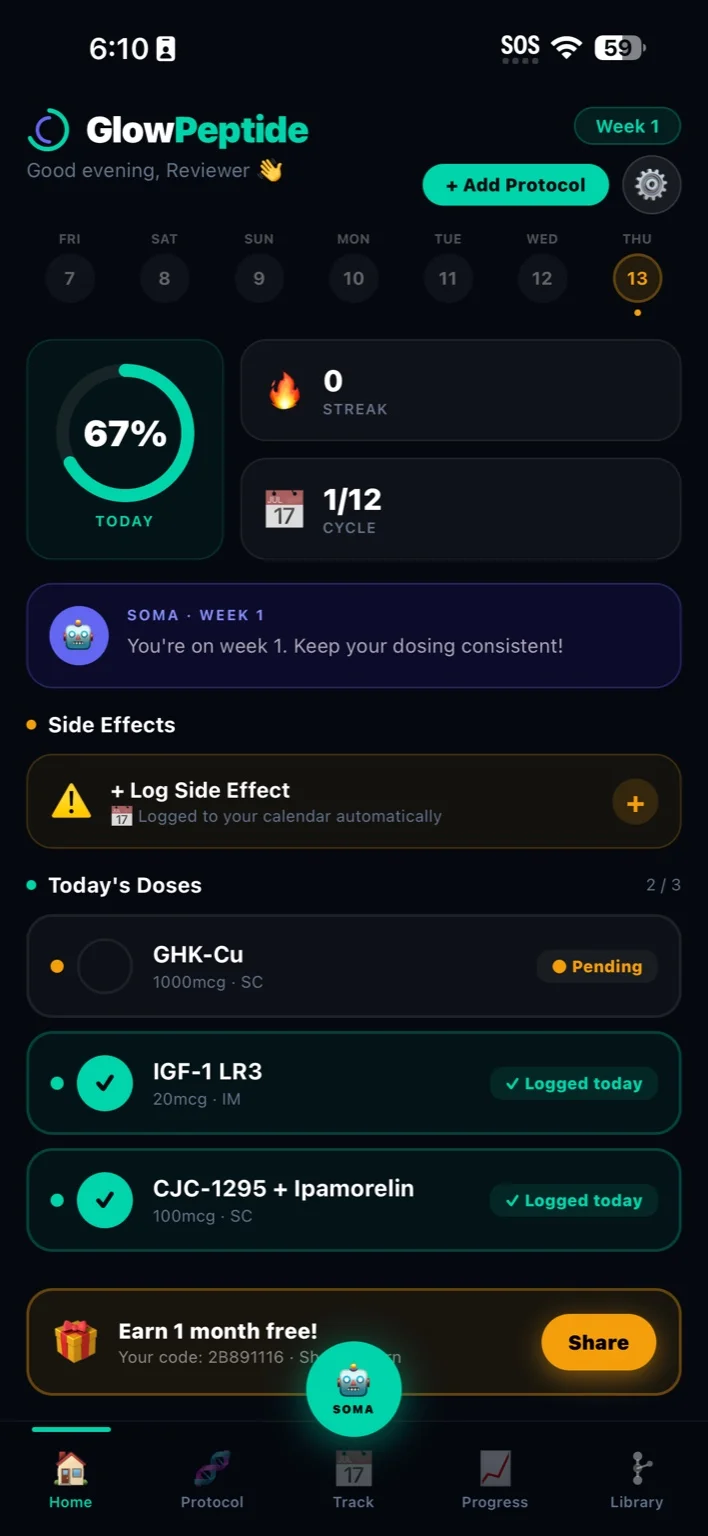 GlowPeptide Home screen showing protocol tracking and today's doses