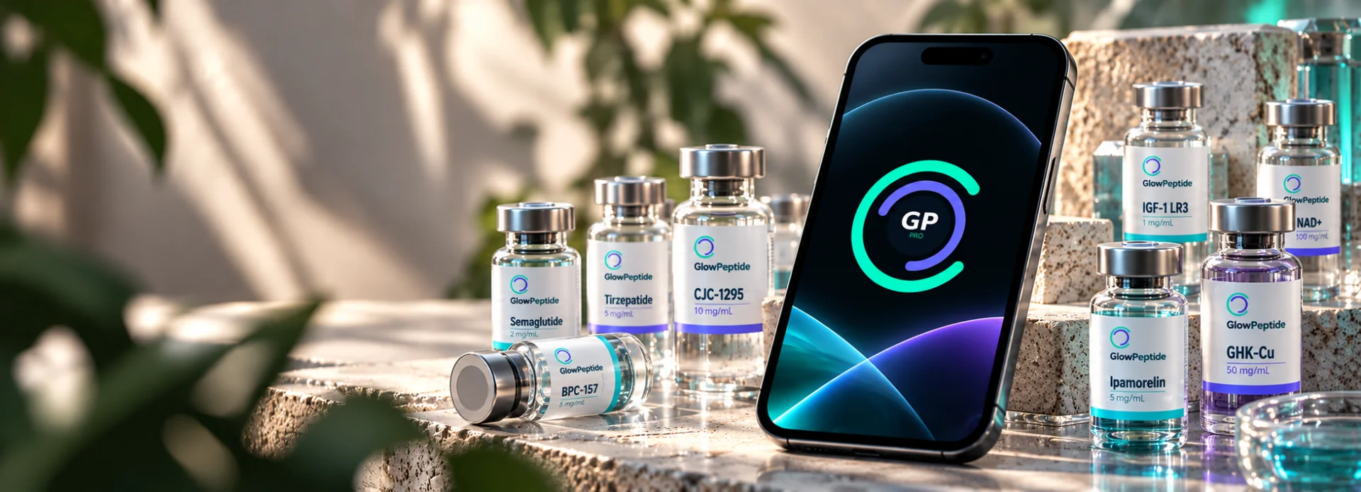 GlowPeptide app surrounded by peptide research vials